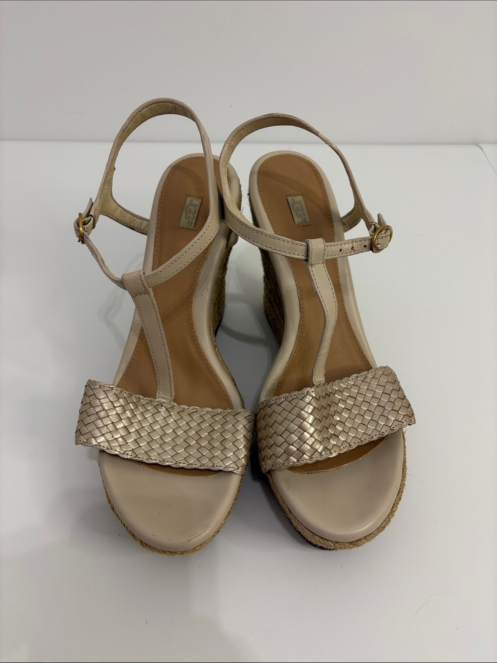 Ugg Woven Front Strap T-Strap Espadrille in Light Beige Gold Clasp Womens